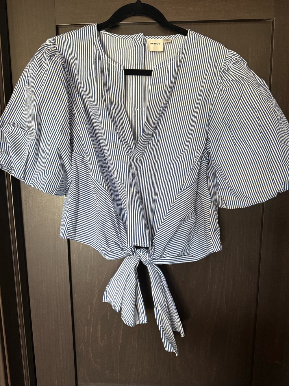 Maeve Navy & White Striped Tie-Front Crop Top